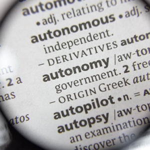 The word of phrase autonomy in a dictionary.