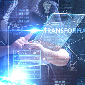 The concept of business, technology, the Internet and the network. A young entrepreneur working on a virtual screen of the future and sees the inscription: Transformation