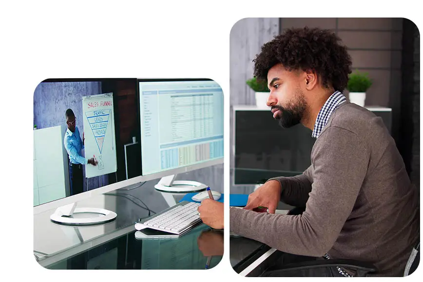 man taking an online management course