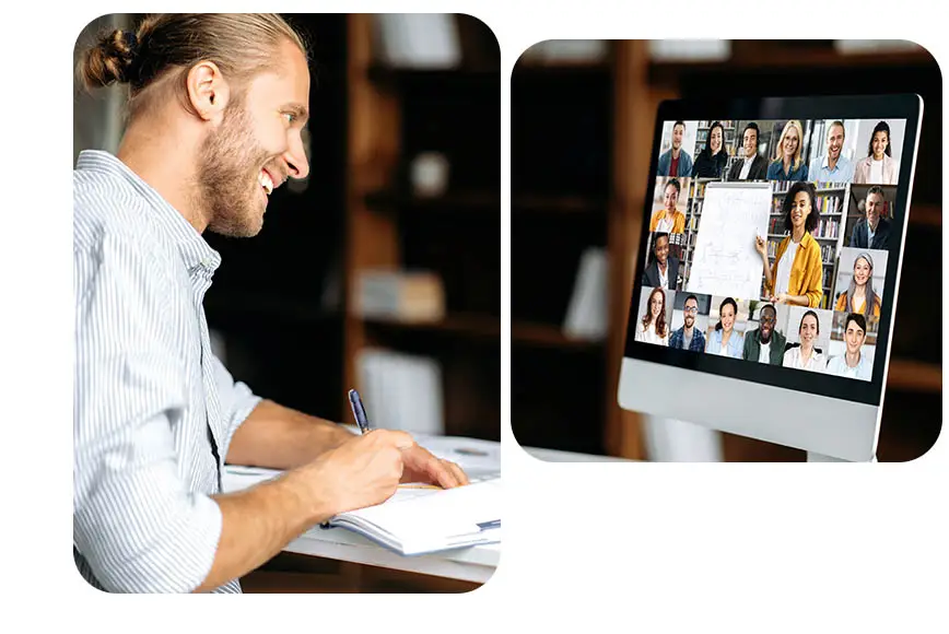 man taking an online management training course