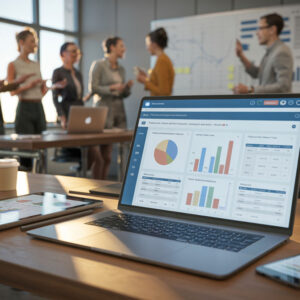 A laptop showing training management software