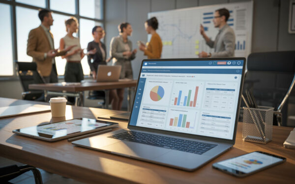 A laptop showing training management software