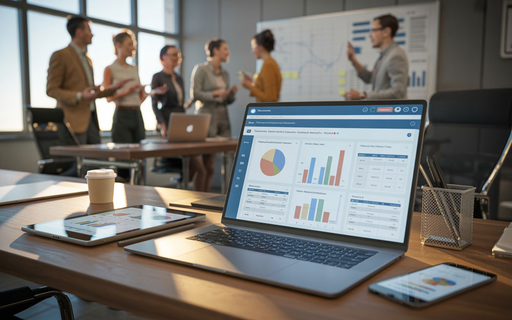 A laptop showing training management software